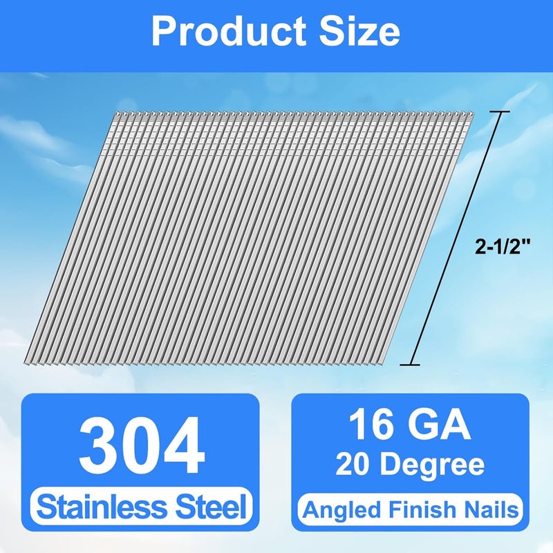 SimCos 16 Gauge Angled Finish Nails 304 Stainless Steel, (1-1/4", 1-1/2", 2", 2-1/2"), 20-Degree,Assorted Size Project Pack for Pneumatic, Electric Finish Nailer or Nail Gun (2-1/2 inch) - Image 3